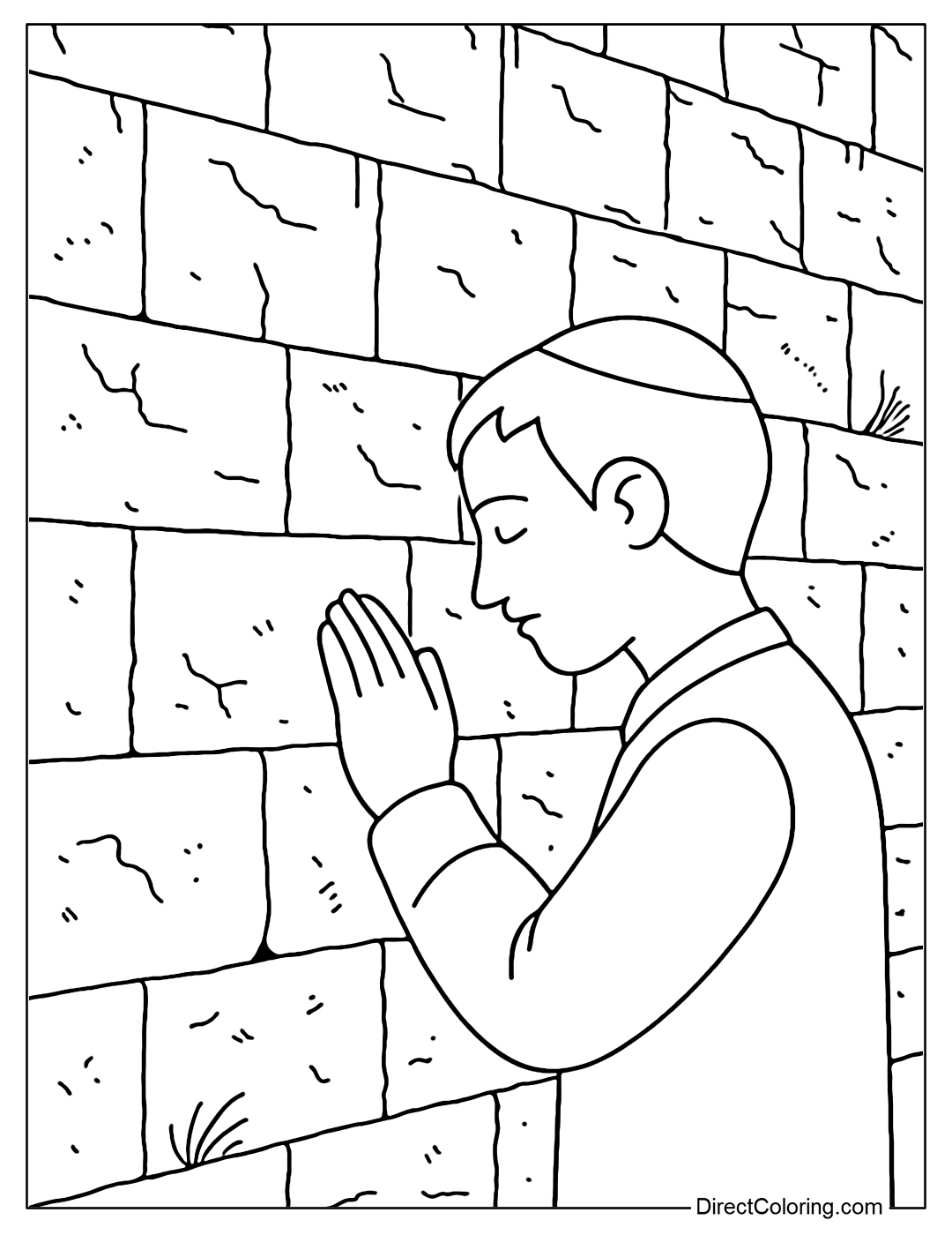 Wailing wall coloring page with stone details and people praying
